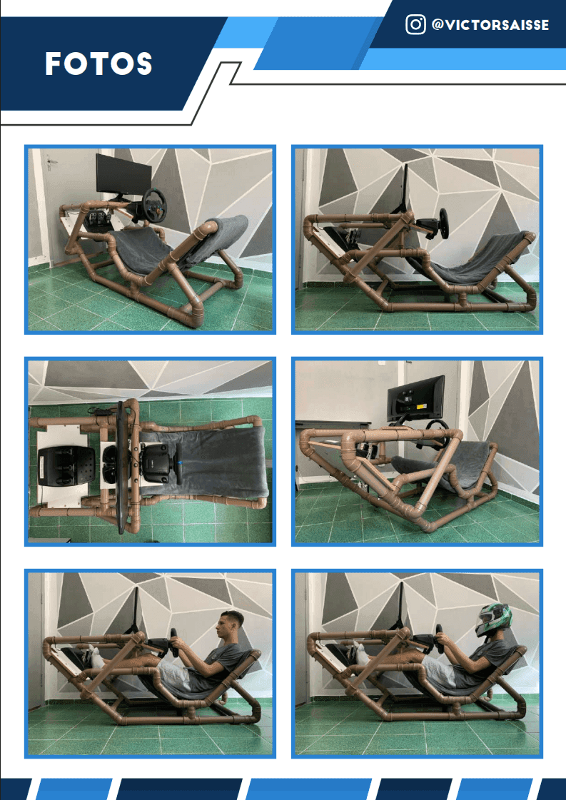 Guide preview: photo page showing six views of the assembled PVC cockpit with monitor, wheel, and fabric seat