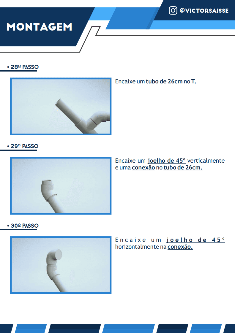 Guide preview: assembly steps with 3D renders showing how each PVC pipe and fitting connects